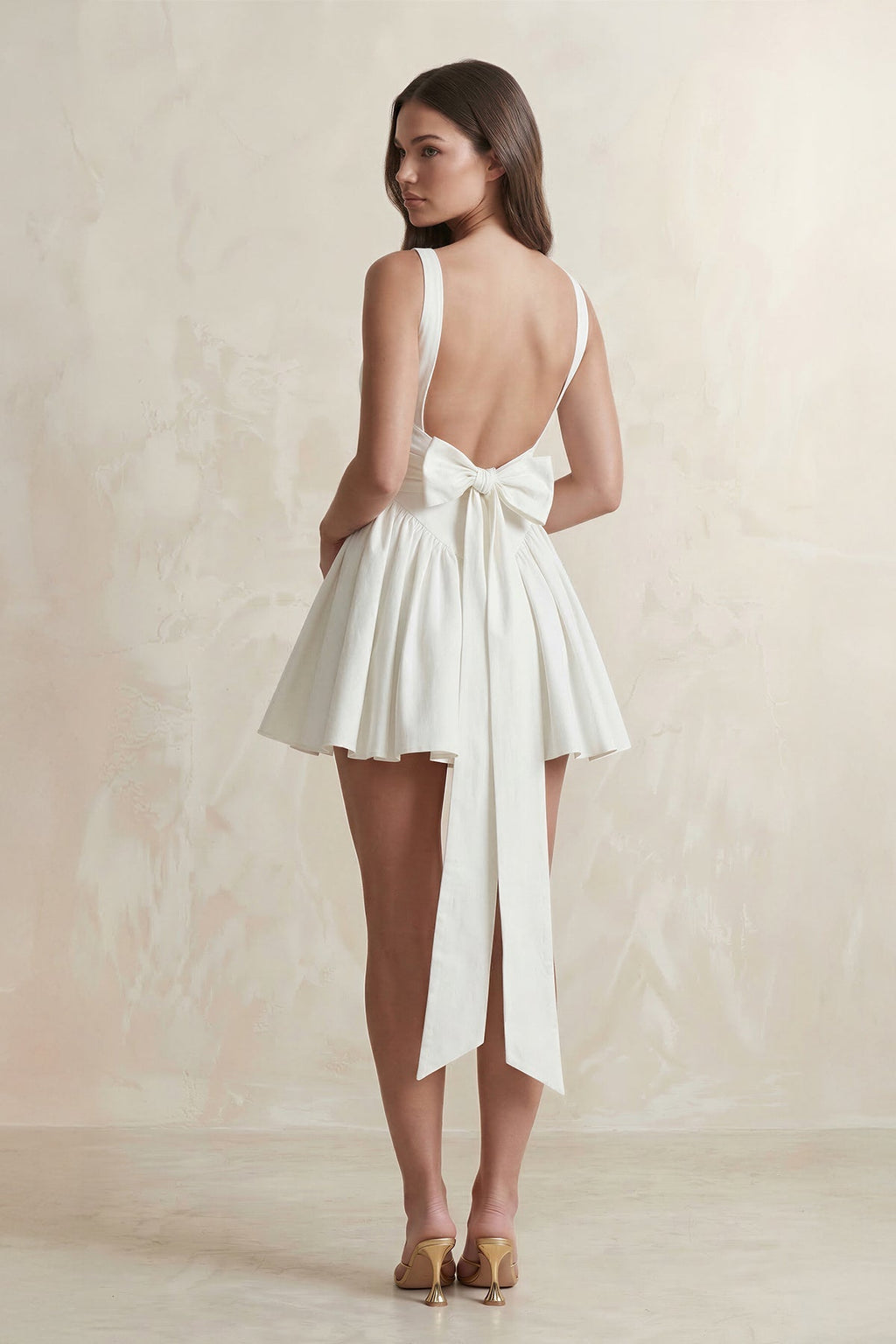 Square Neck A - Line Ruffled Mini Wedding Dress With Back Bow in Ivory - SHE IS ME Wedding Dresses