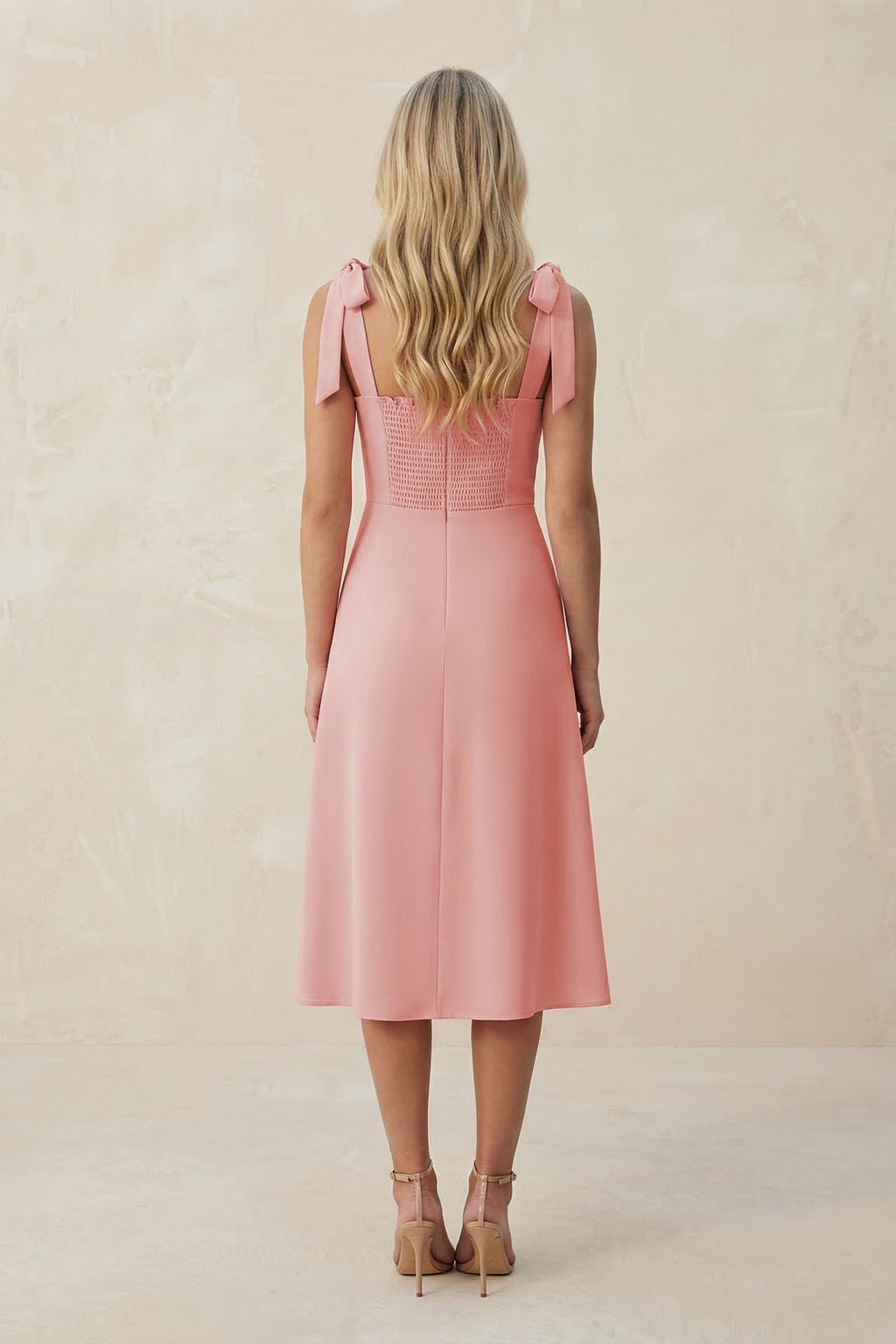 Square Neck A - Line Satin Midi Bridesmaid Dress With Bow in Rose Petal - SHE IS ME Bridesmaid Dresses