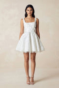 Square Neck A - Line Sequined Mini Wedding Dress in White - SHE IS ME Wedding Dresses