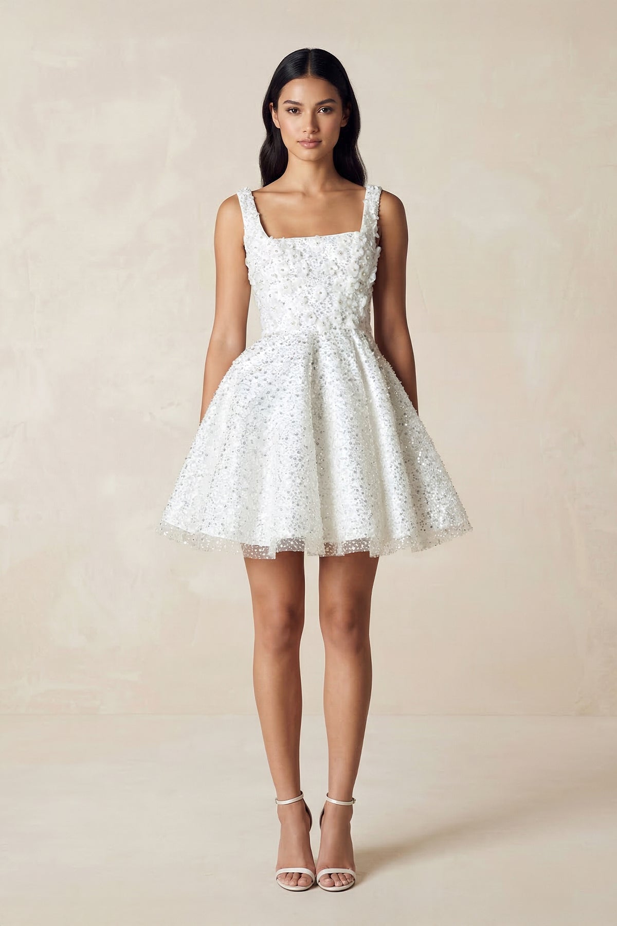 Square Neck A - Line Sequined Mini Wedding Dress in White - SHE IS ME Wedding Dresses