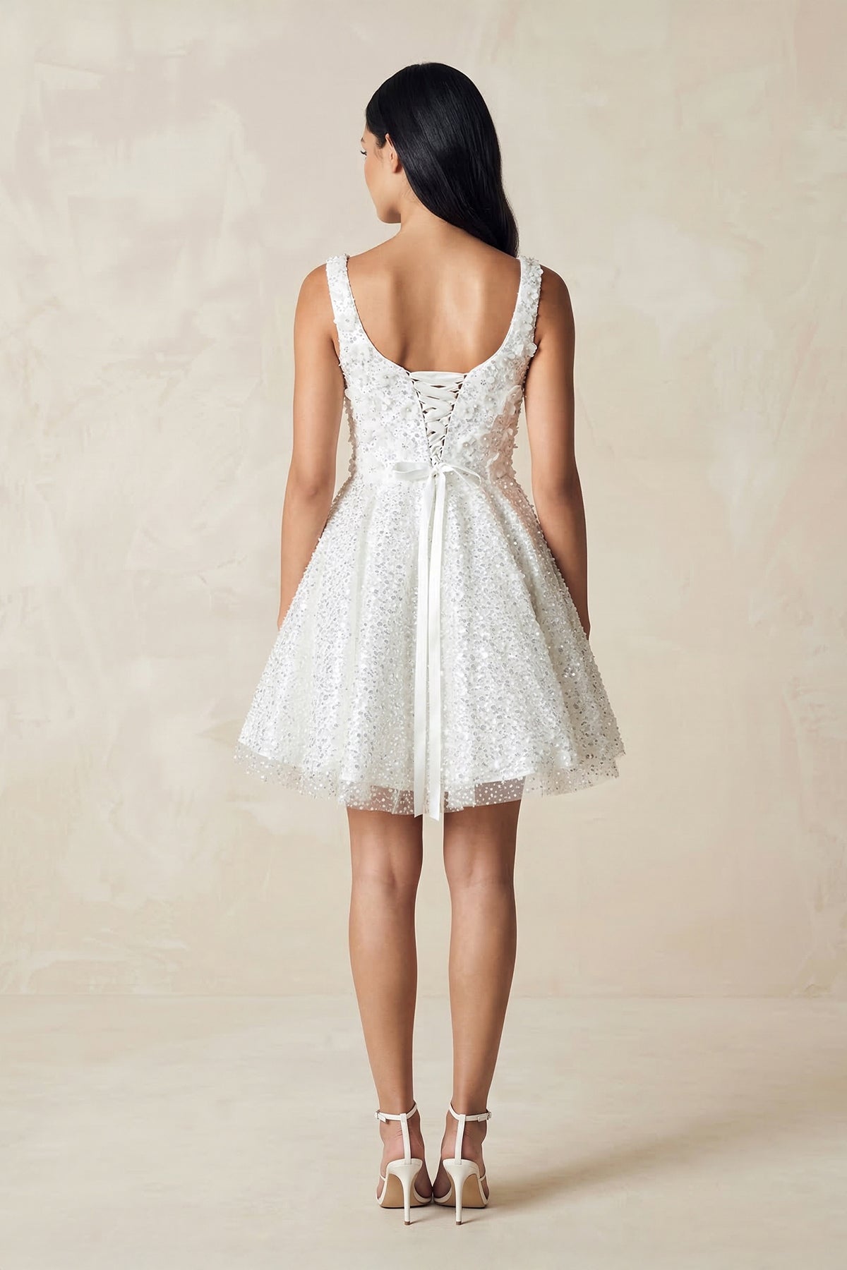 Square Neck A - Line Sequined Mini Wedding Dress in White - SHE IS ME Wedding Dresses
