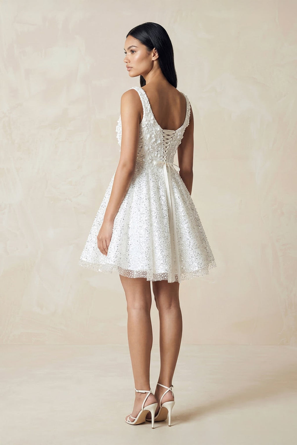 Square Neck A - Line Sequined Mini Wedding Dress in White - SHE IS ME Wedding Dresses