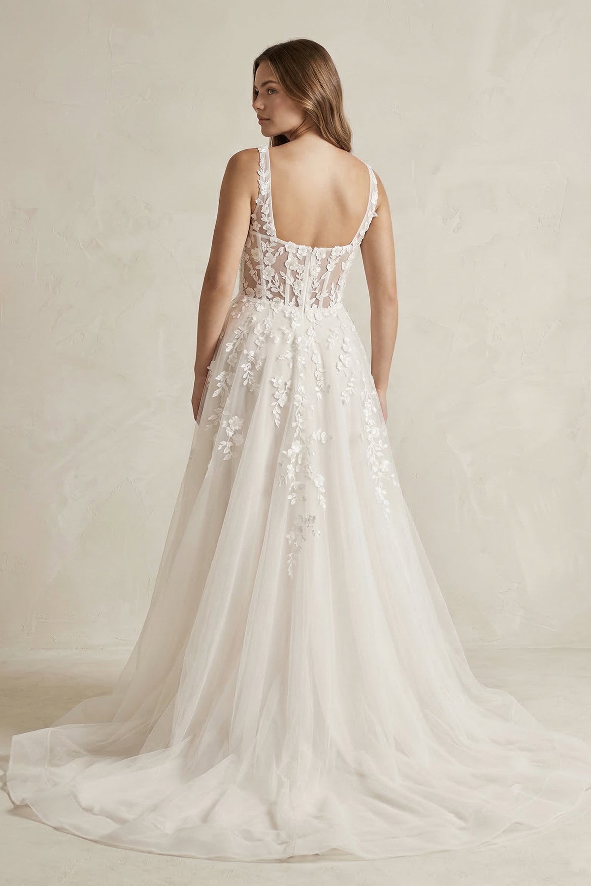 Square Neck A - Line Tulle Appliqued Wedding Dress with Slit in Ivory - SHE IS ME Wedding Dresses