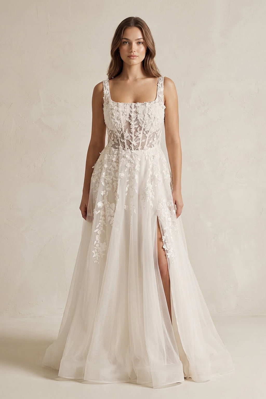 Square Neck A - Line Tulle Appliqued Wedding Dress with Slit in Ivory - SHE IS ME Wedding Dresses