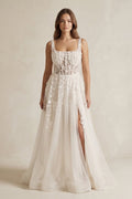 Square Neck A - Line Tulle Appliqued Wedding Dress with Slit in Ivory - SHE IS ME Wedding Dresses