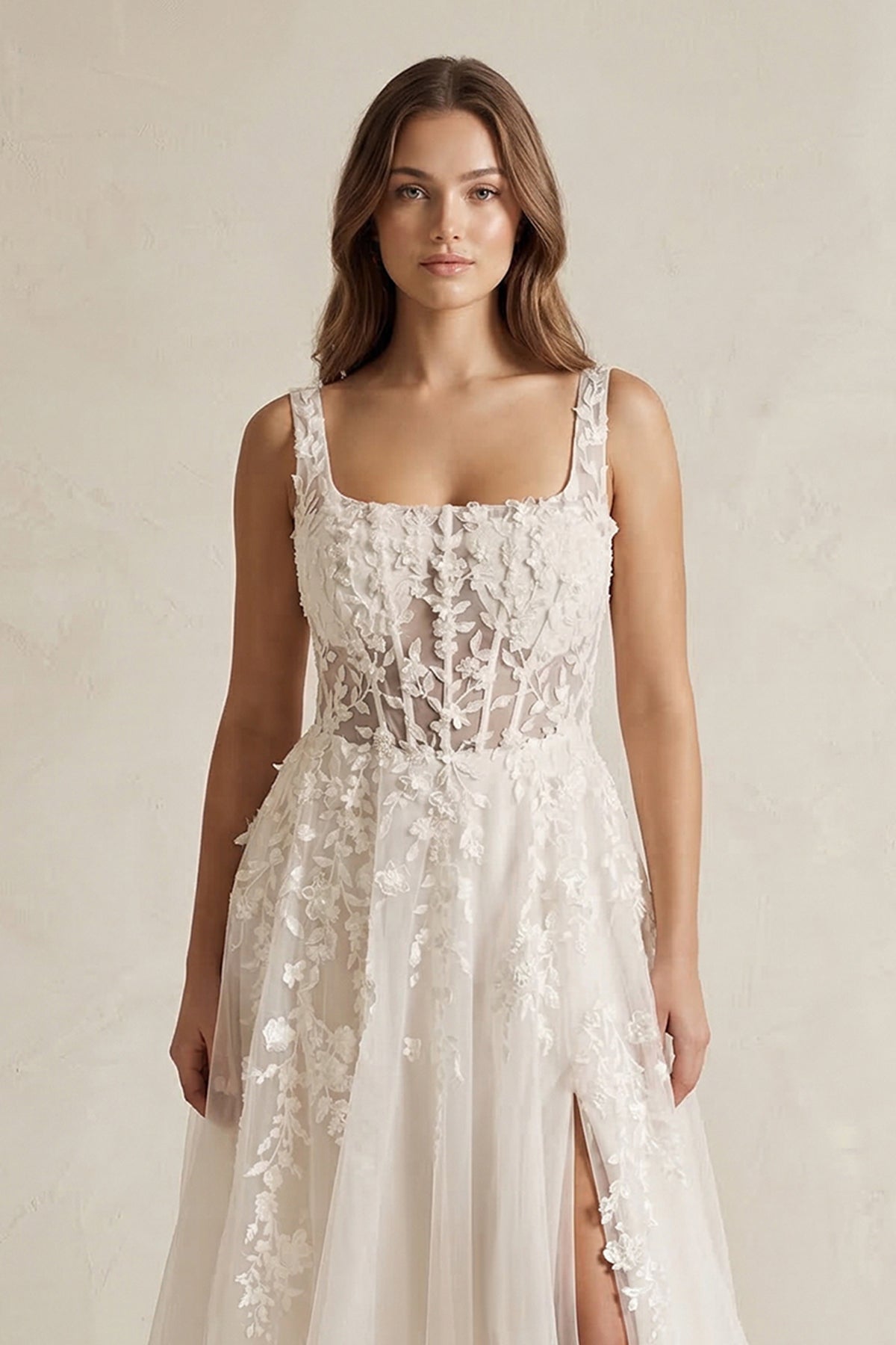 Square Neck A - Line Tulle Appliqued Wedding Dress with Slit in Ivory - SHE IS ME Wedding Dresses