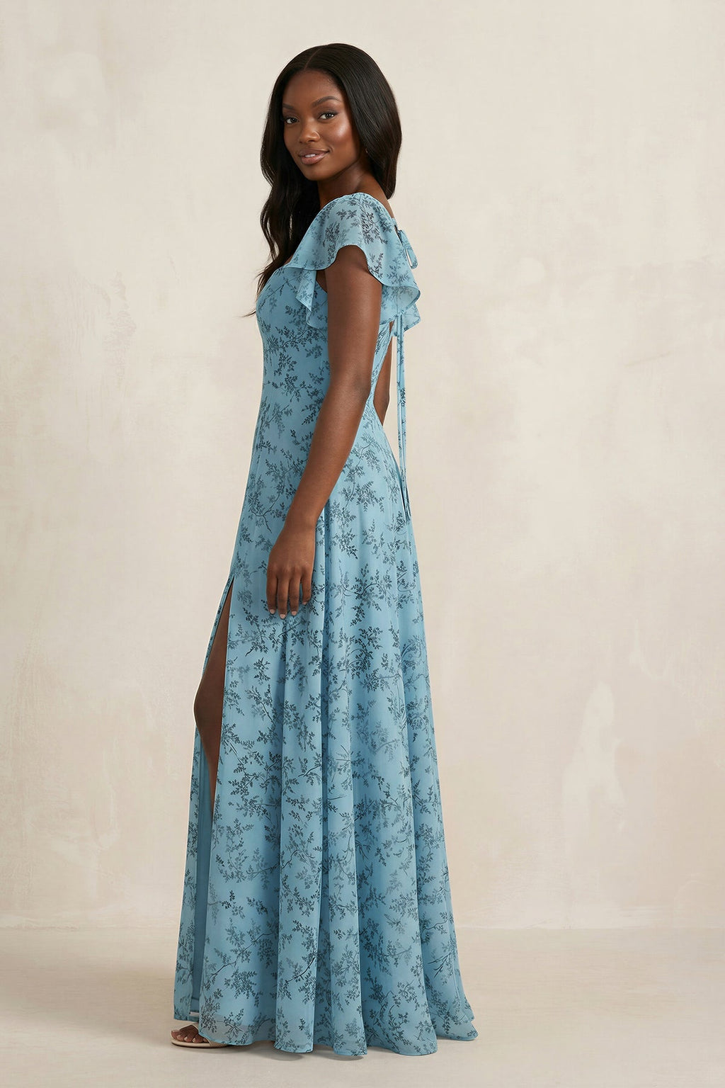 Square Neck Cap Sleeve A - Line Floral Chiffon Bridesmaid Dress in Adriatic Blue - SHE IS ME Bridesmaid Dresses