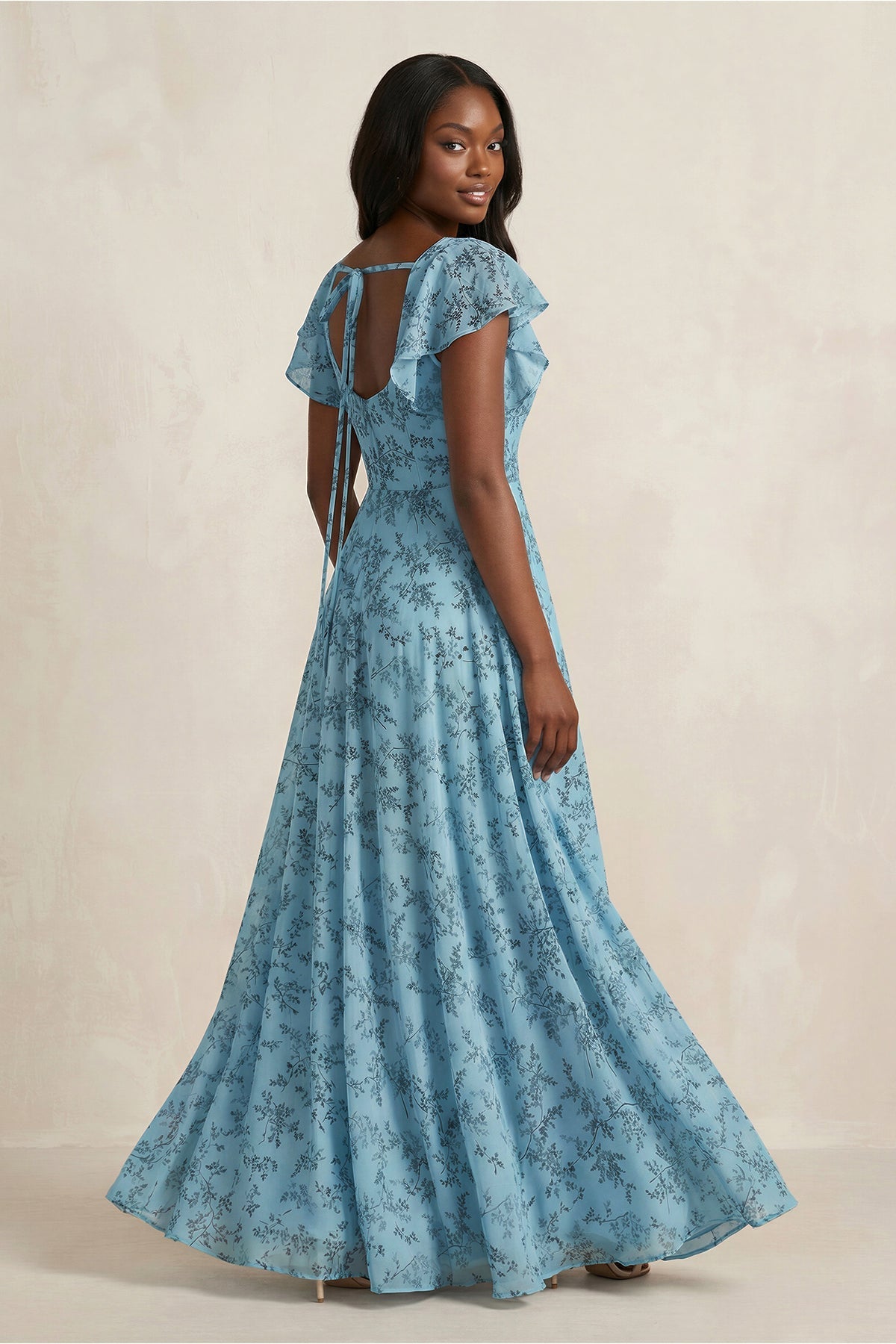 Square Neck Cap Sleeve A - Line Floral Chiffon Bridesmaid Dress in Adriatic Blue - SHE IS ME Bridesmaid Dresses