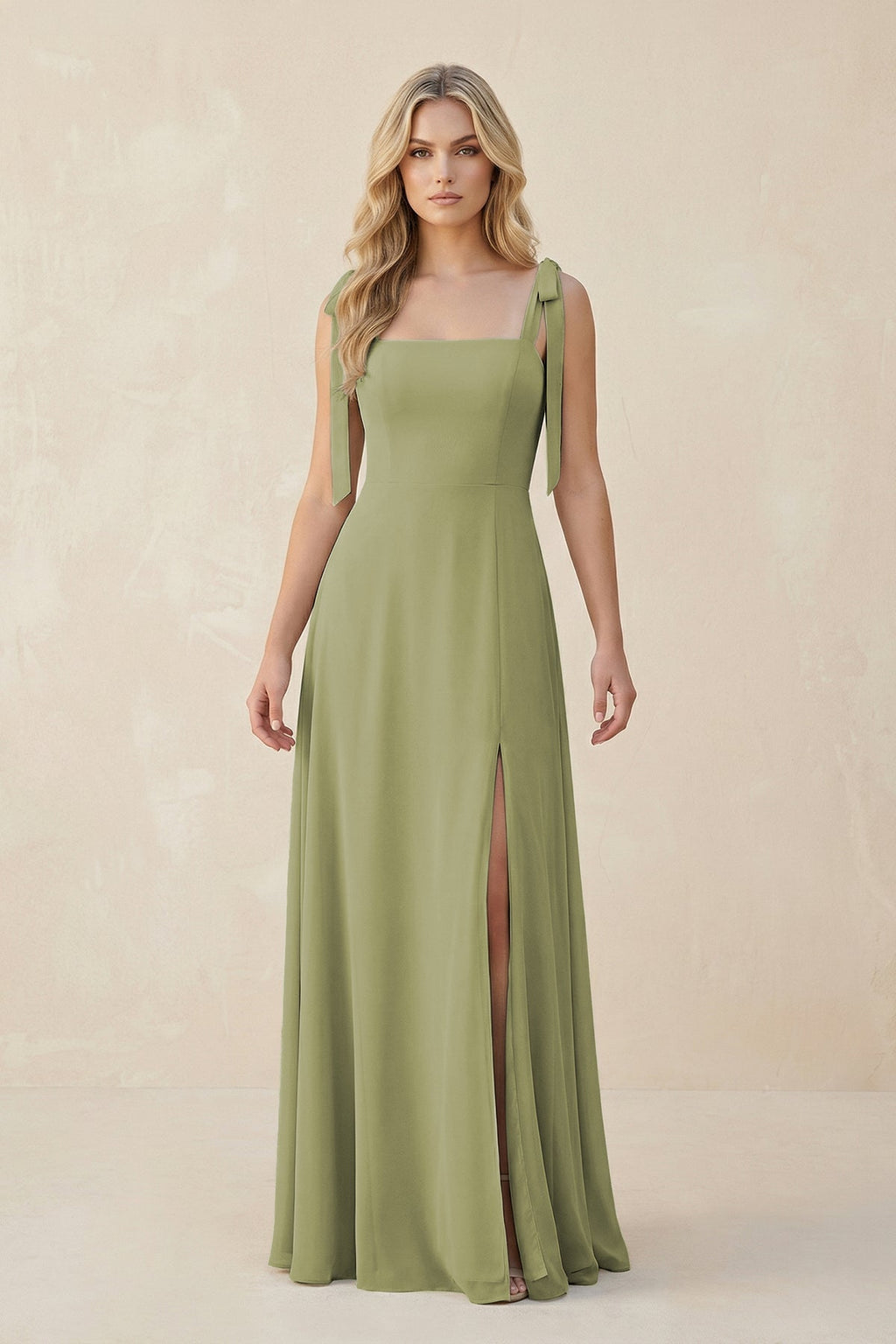 Square Neck Chiffon A - Line Bridesmaid Dress With Bow - SHE IS ME Bridesmaid Dresses