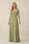 Square Neck Chiffon A - Line Bridesmaid Dress With Bow - SHE IS ME Bridesmaid Dresses