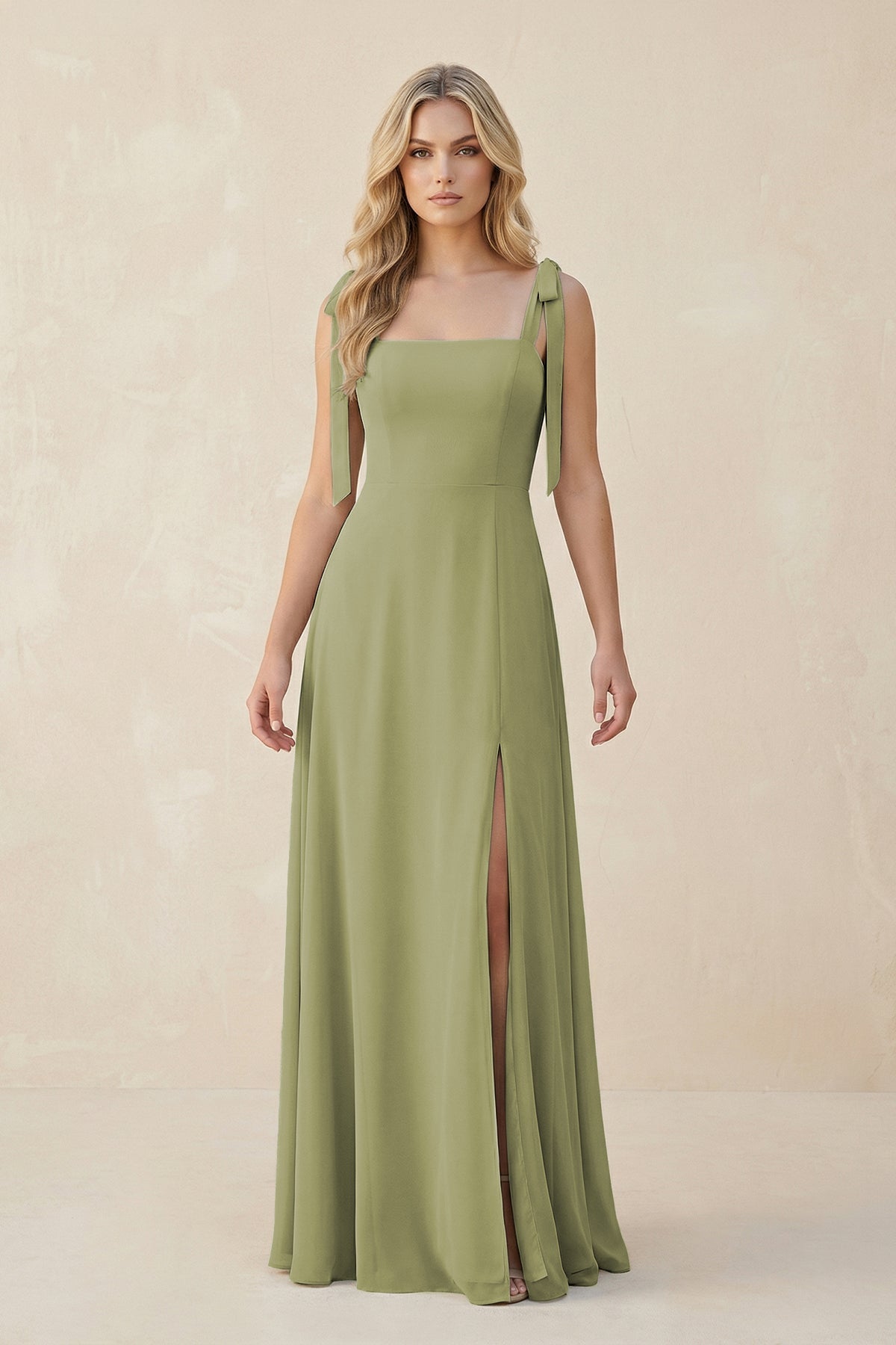 Square Neck Chiffon A - Line Bridesmaid Dress With Bow - SHE IS ME Bridesmaid Dresses