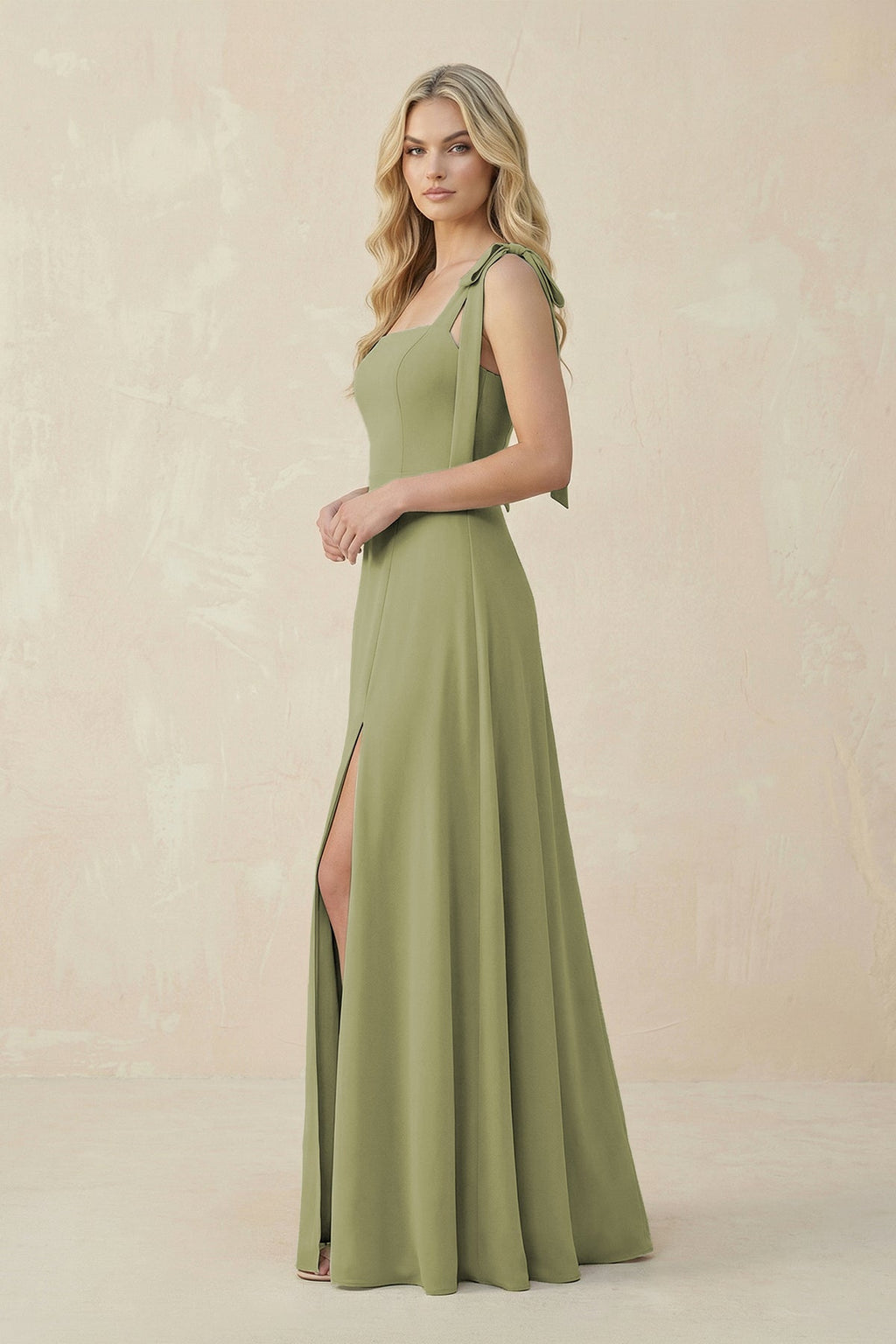 Square Neck Chiffon A - Line Bridesmaid Dress With Bow - SHE IS ME Bridesmaid Dresses