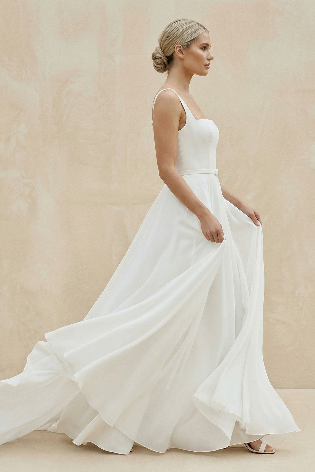 Square Neck Chiffon A - Line Wedding Dress in White - SHE IS ME Wedding Dresses