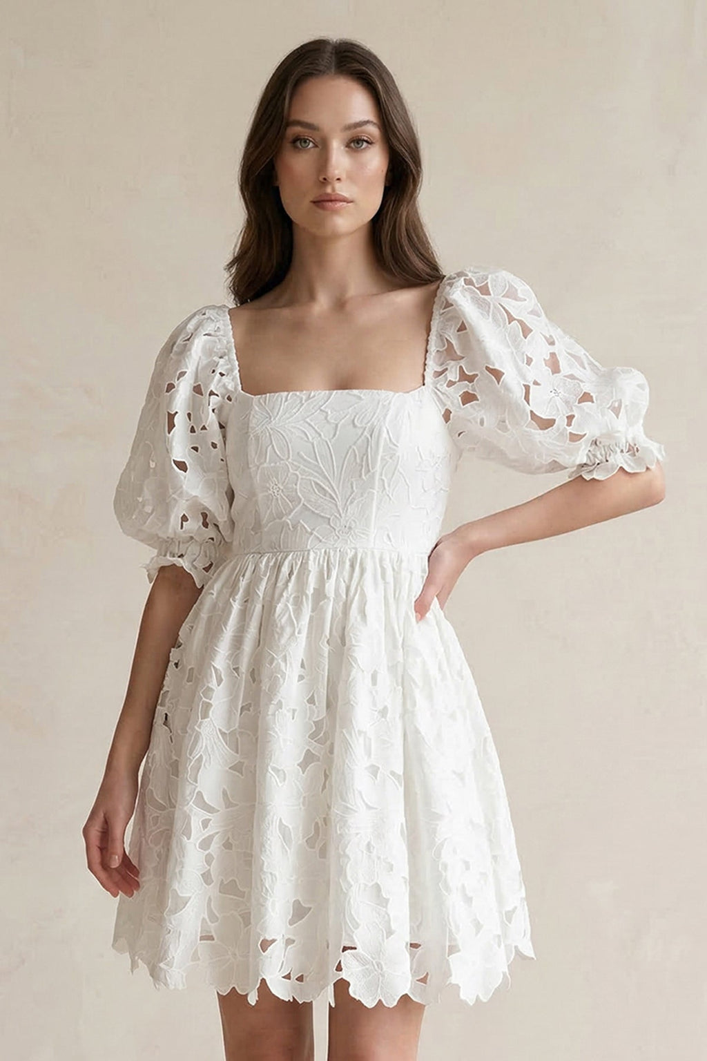 Square Neck Lace Puff Sleeve A - Line Wedding Dress in Ivory - SHE IS ME Wedding Dresses