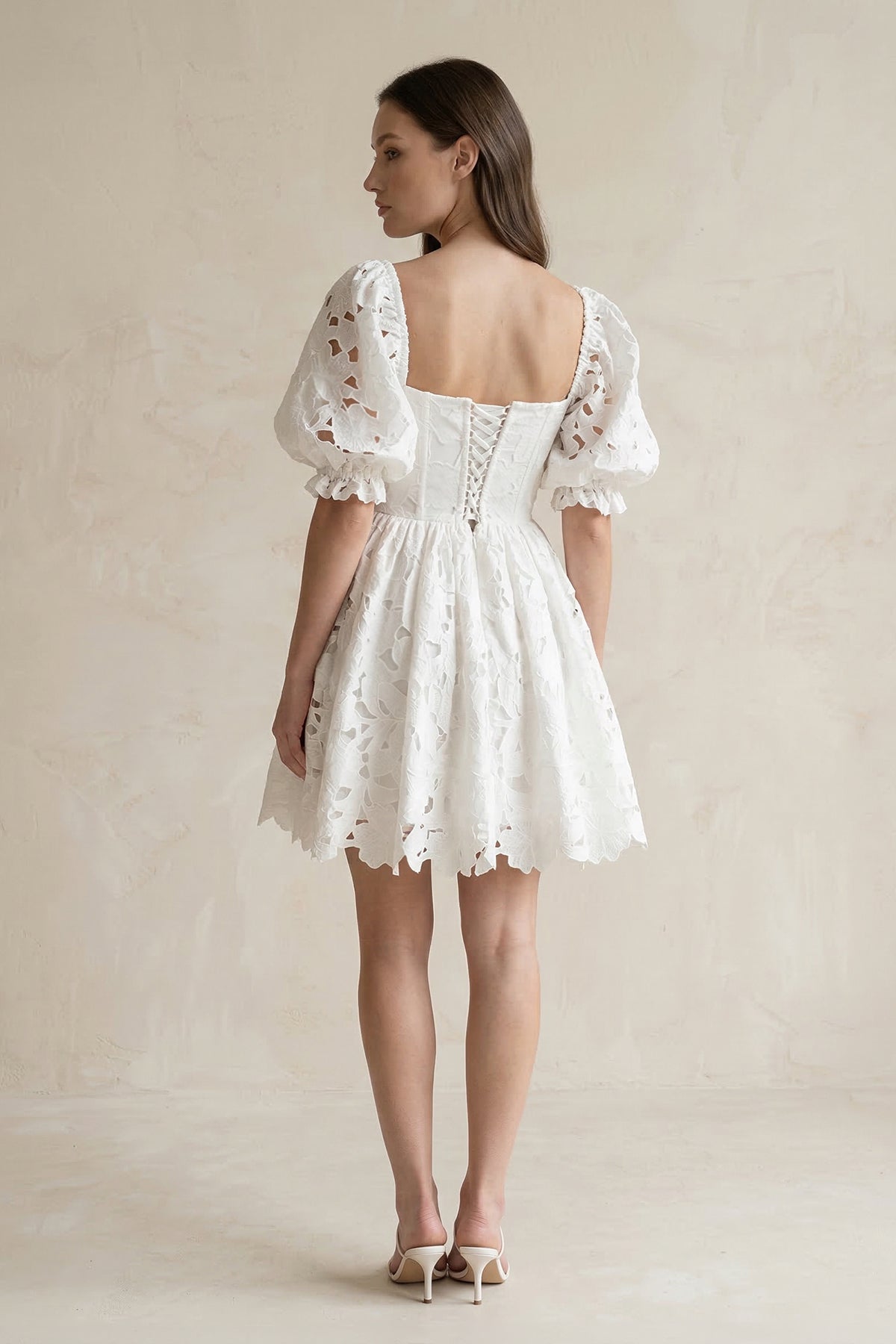 Square Neck Lace Puff Sleeve A - Line Wedding Dress in Ivory - SHE IS ME Wedding Dresses