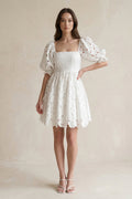 Square Neck Lace Puff Sleeve A - Line Wedding Dress in Ivory - SHE IS ME Wedding Dresses