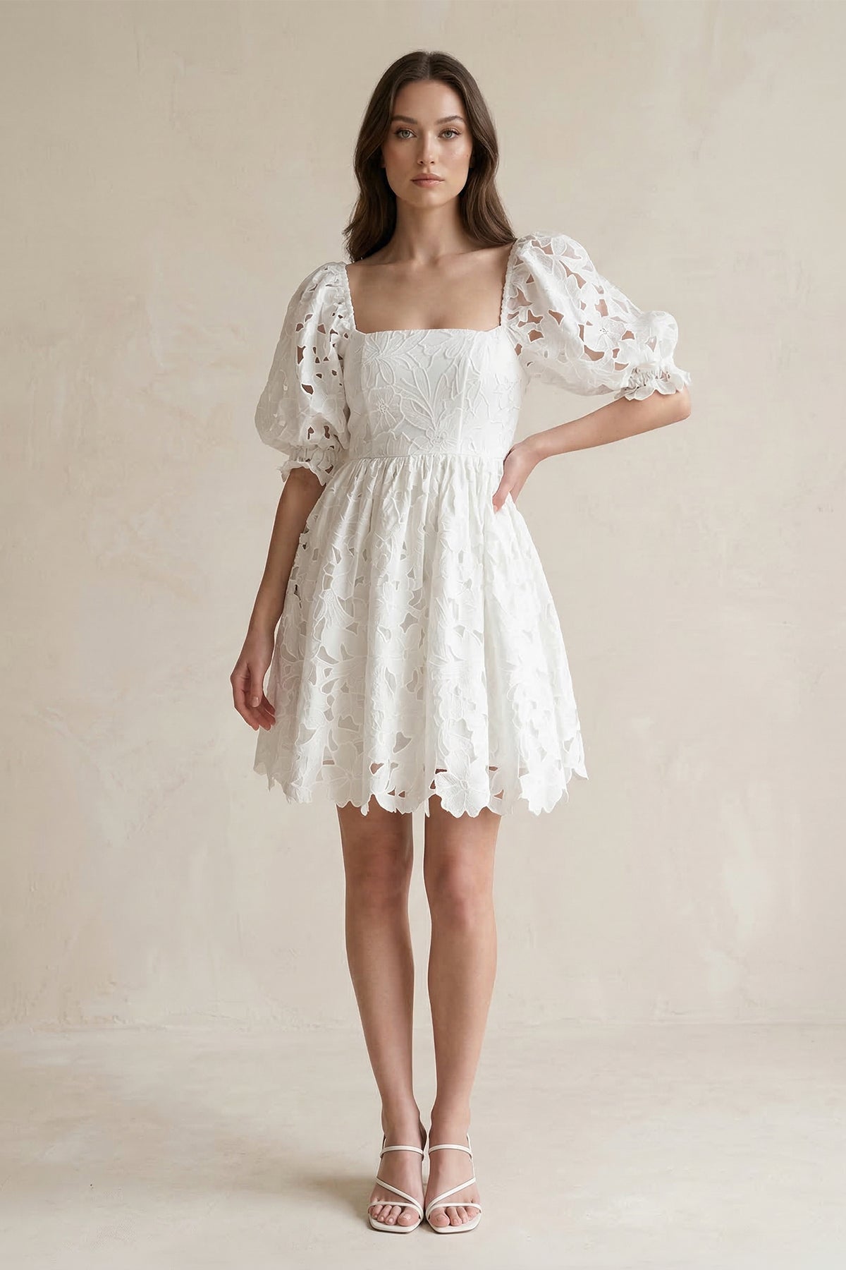 Square Neck Lace Puff Sleeve A - Line Wedding Dress in Ivory - SHE IS ME Wedding Dresses
