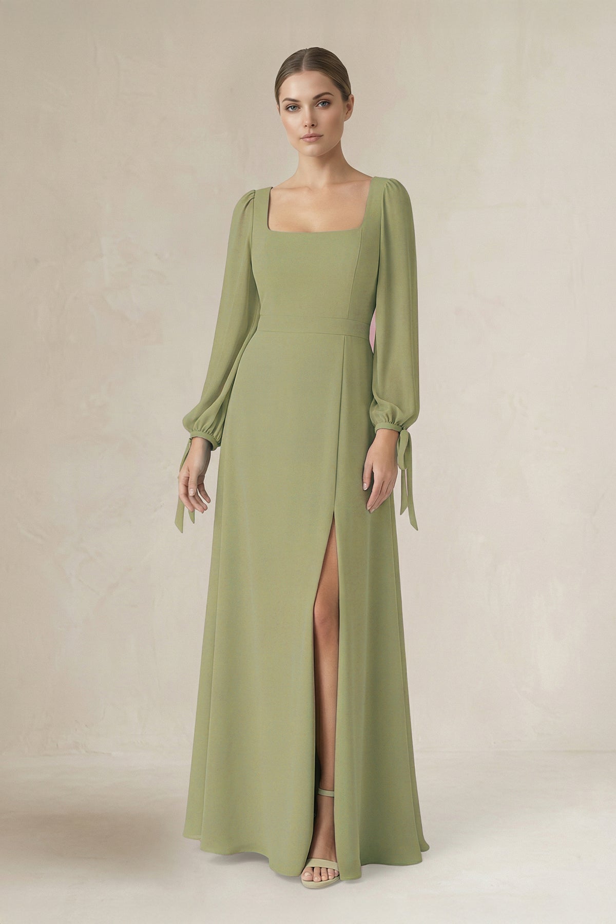 Square Neck Long Sleeve A-Line Chiffon Bridesmaid Dress in Moss Green - SHE IS ME BRIDESMAID DRESSES