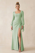 Square Neck Long Sleeve Sheath Chiffon Bridesmaid Dress in Sage - SHE IS ME Bridesmaid Dresses