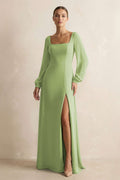 Square Neck Long Sleeves Chiffon Sheath Bridesmaid Dress in Matcha - SHE IS ME Bridesmaid Dresses