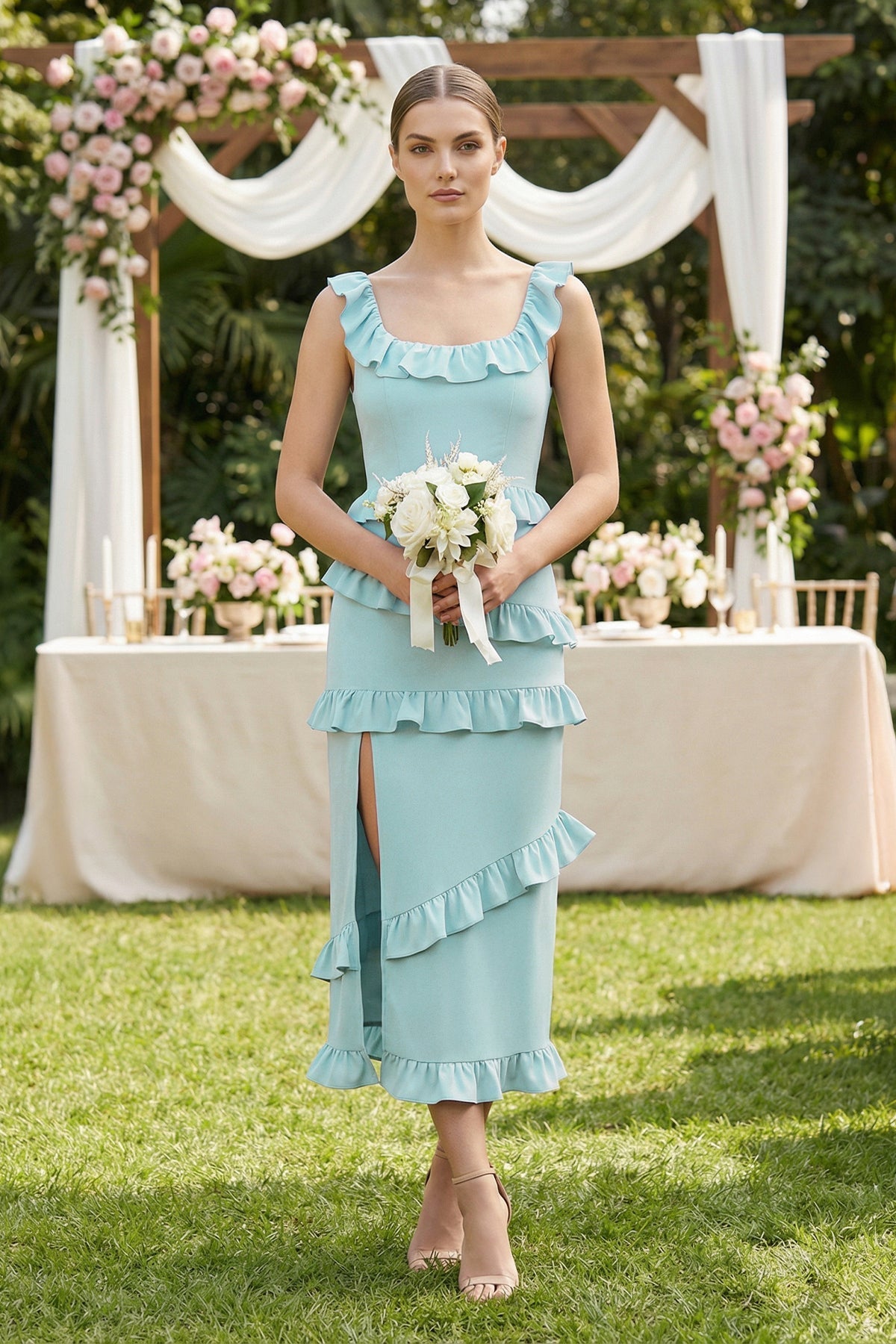 Square Neck Ruffled Sheath Satin Midi Bridesmaid Dress in Bleached Aqua - SHE IS ME Bridesmaid Dresses