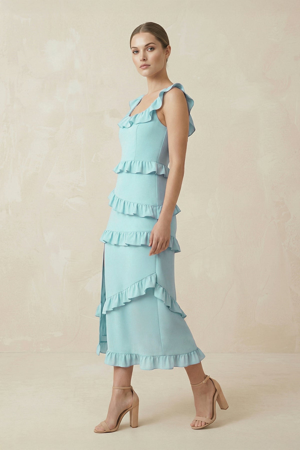 Square Neck Ruffled Sheath Satin Midi Bridesmaid Dress in Bleached Aqua - SHE IS ME Bridesmaid Dresses