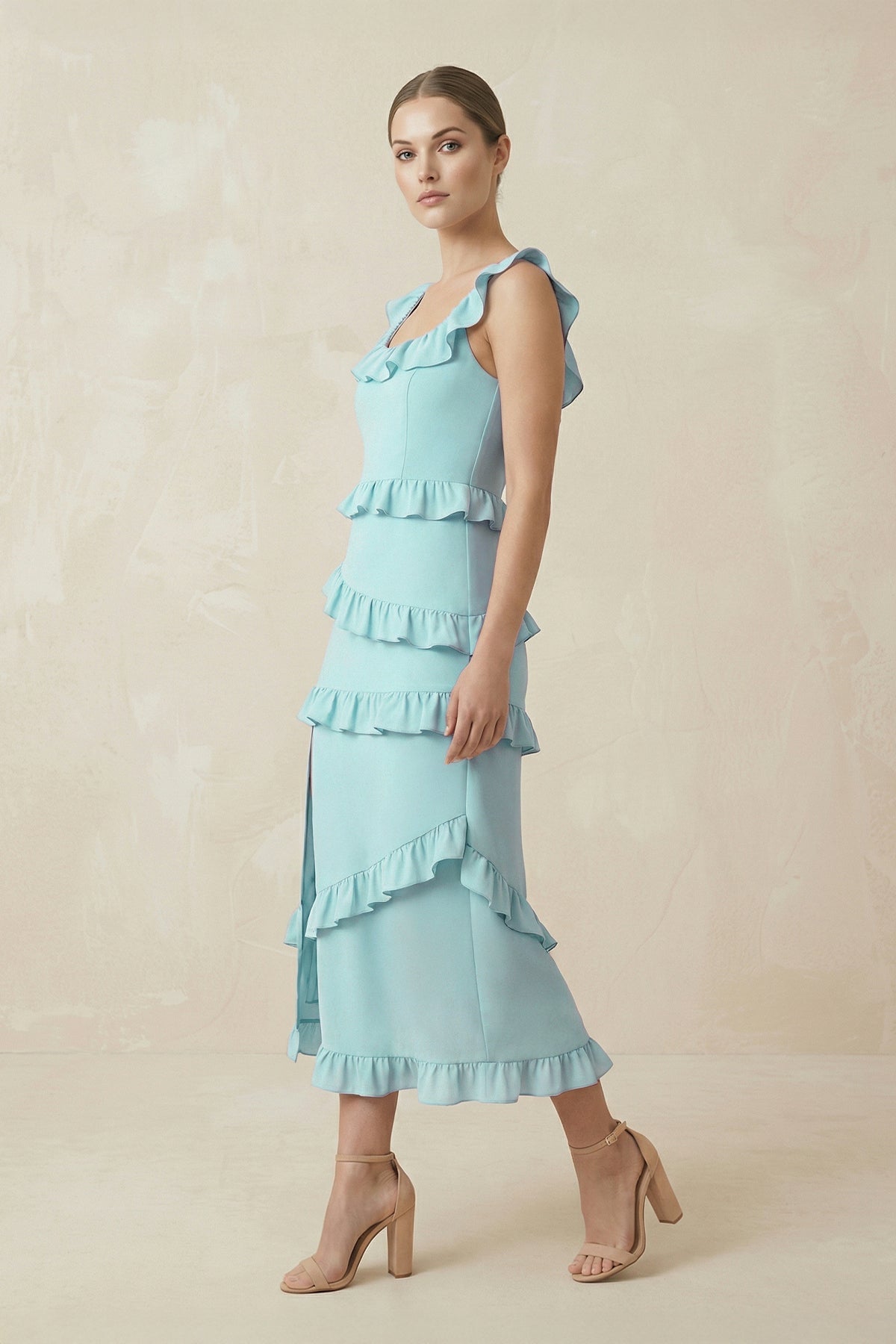 Square Neck Ruffled Sheath Satin Midi Bridesmaid Dress in Bleached Aqua - SHE IS ME Bridesmaid Dresses