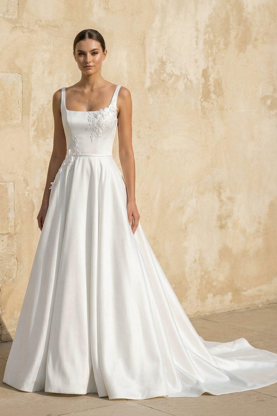 Square Neck Satin Wedding Dress With Appliques in White - SHE IS ME Wedding Dresses