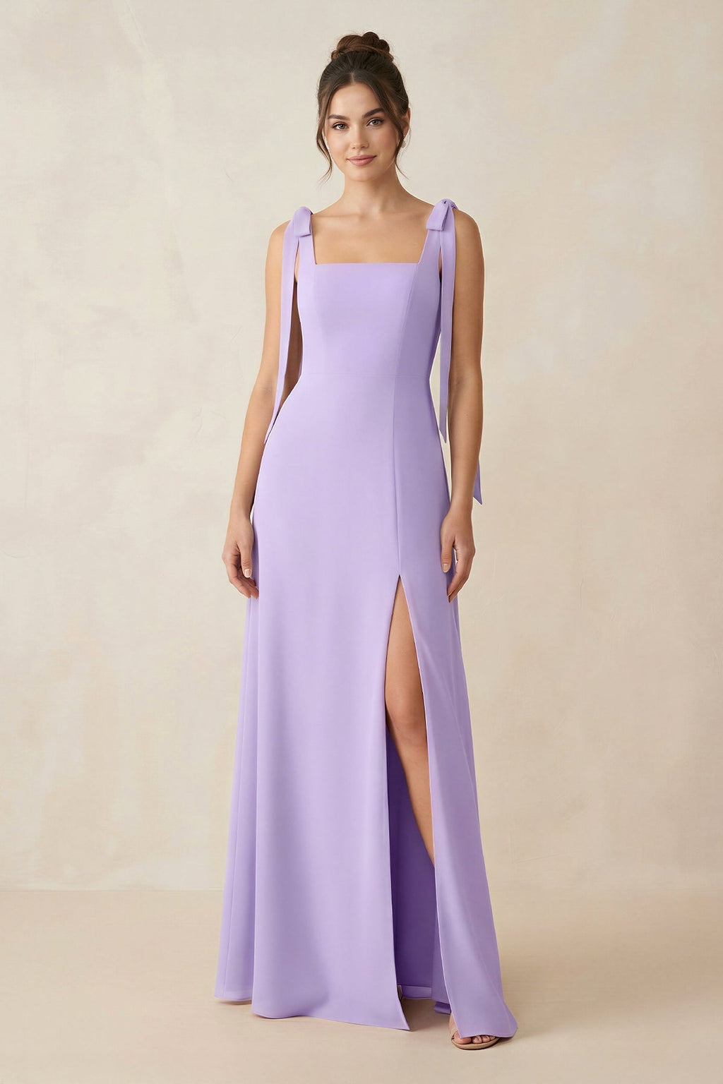 Square Neck Sheath Chiffon Bridesmaid Dress with Bow in Lavender - SHE IS ME BRIDESMAID DRESSES