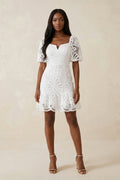 Square Neck Short Sleeves A - Line Lace Wedding Dress in White - SHE IS ME Wedding Dresses