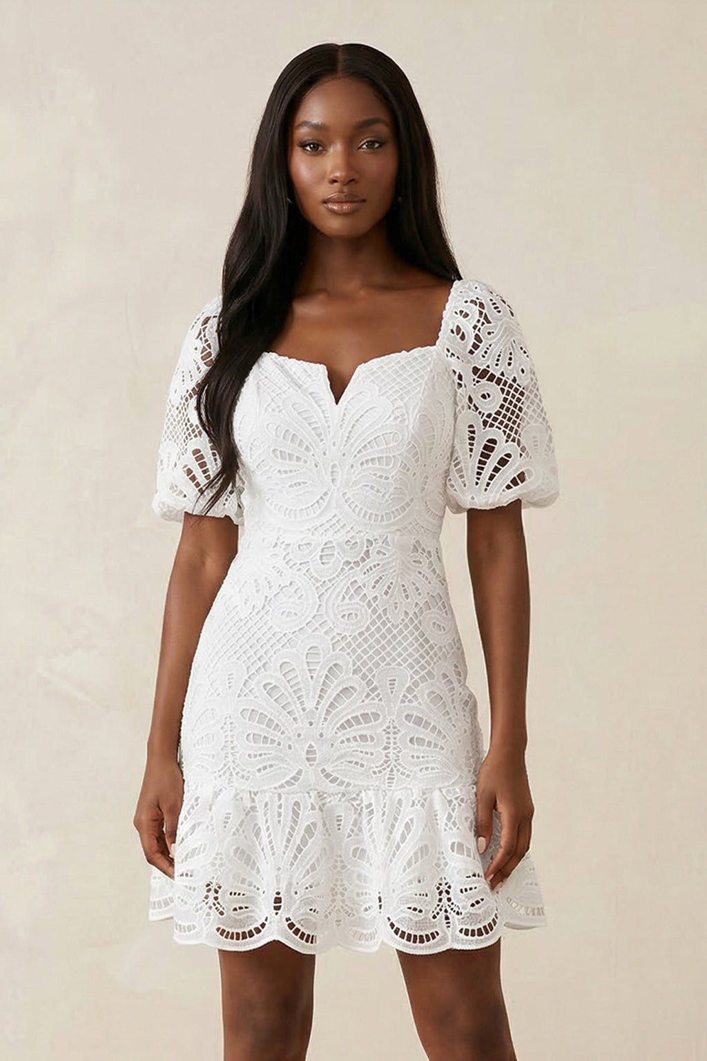 Square Neck Short Sleeves A - Line Lace Wedding Dress in White - SHE IS ME Wedding Dresses