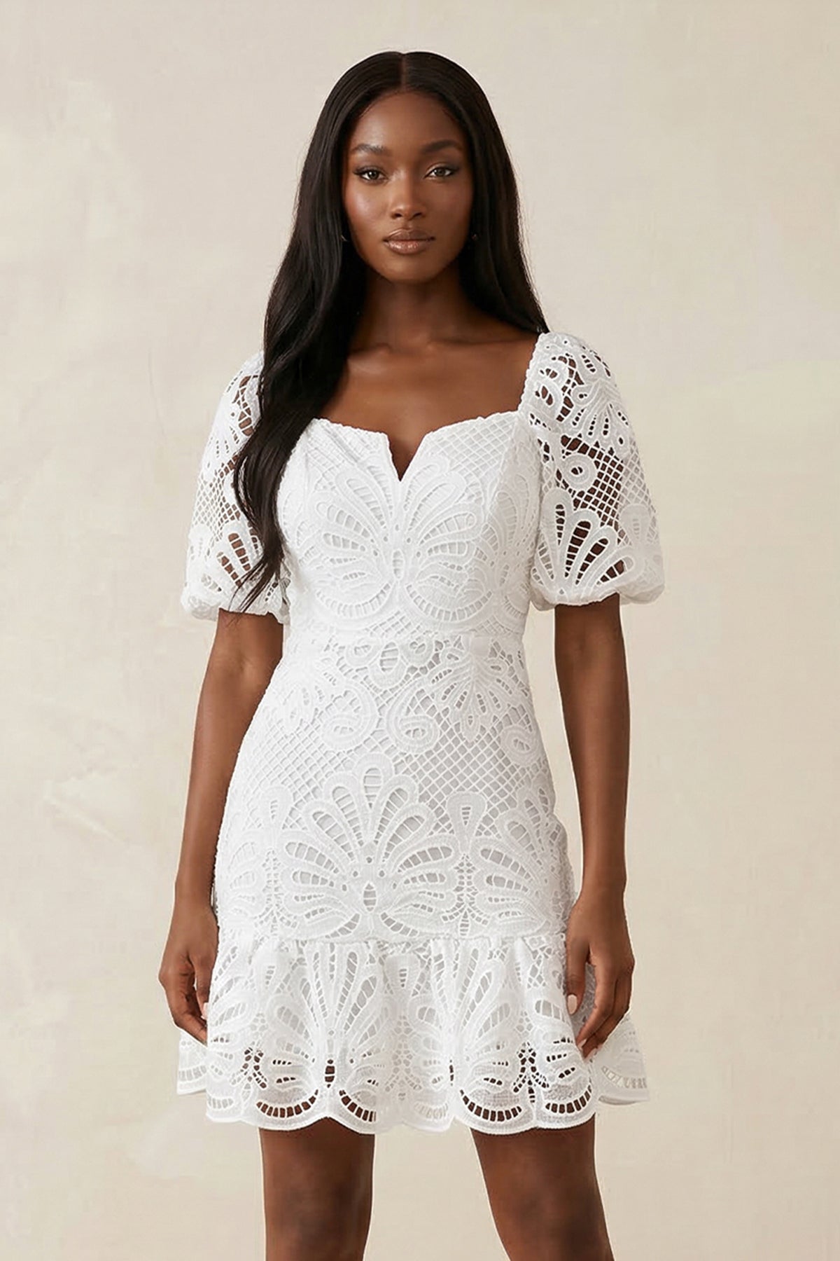 Square Neck Short Sleeves A - Line Lace Wedding Dress in White - SHE IS ME Wedding Dresses