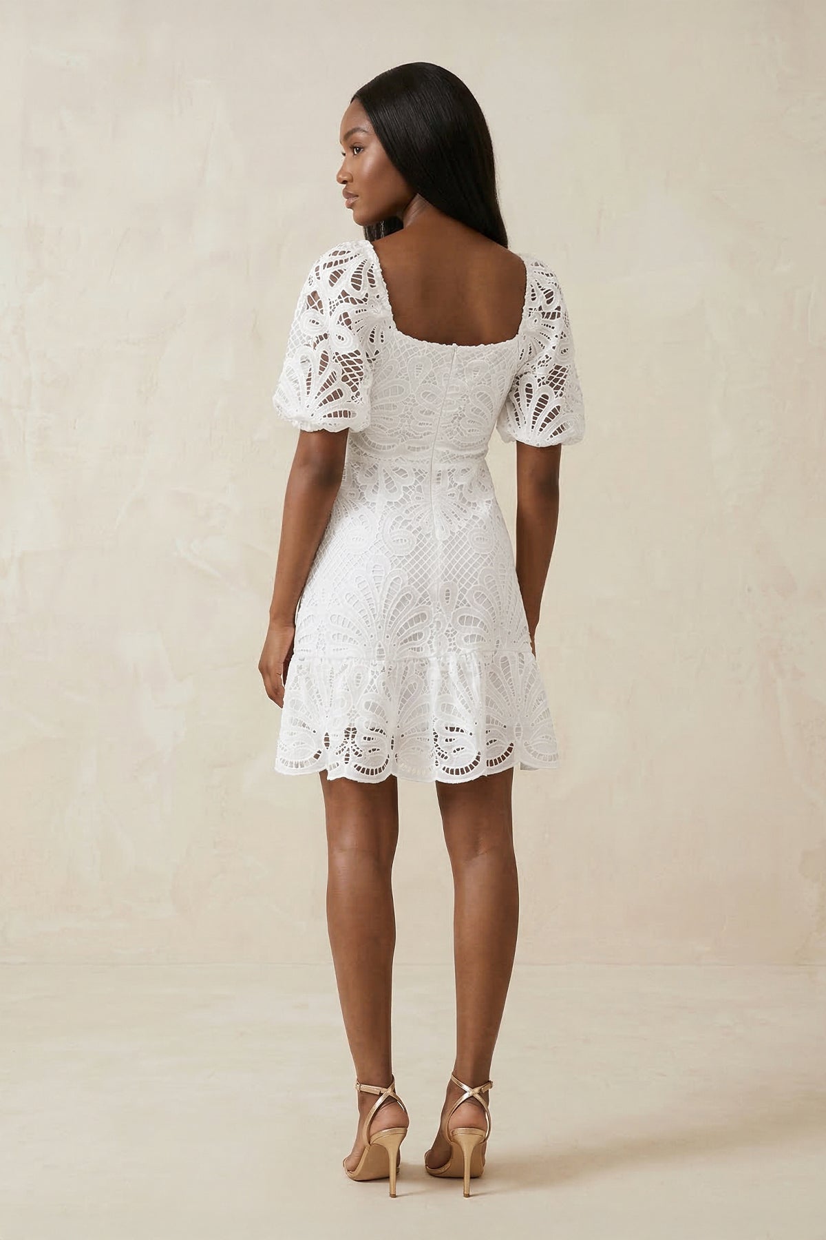 Square Neck Short Sleeves A - Line Lace Wedding Dress in White - SHE IS ME Wedding Dresses