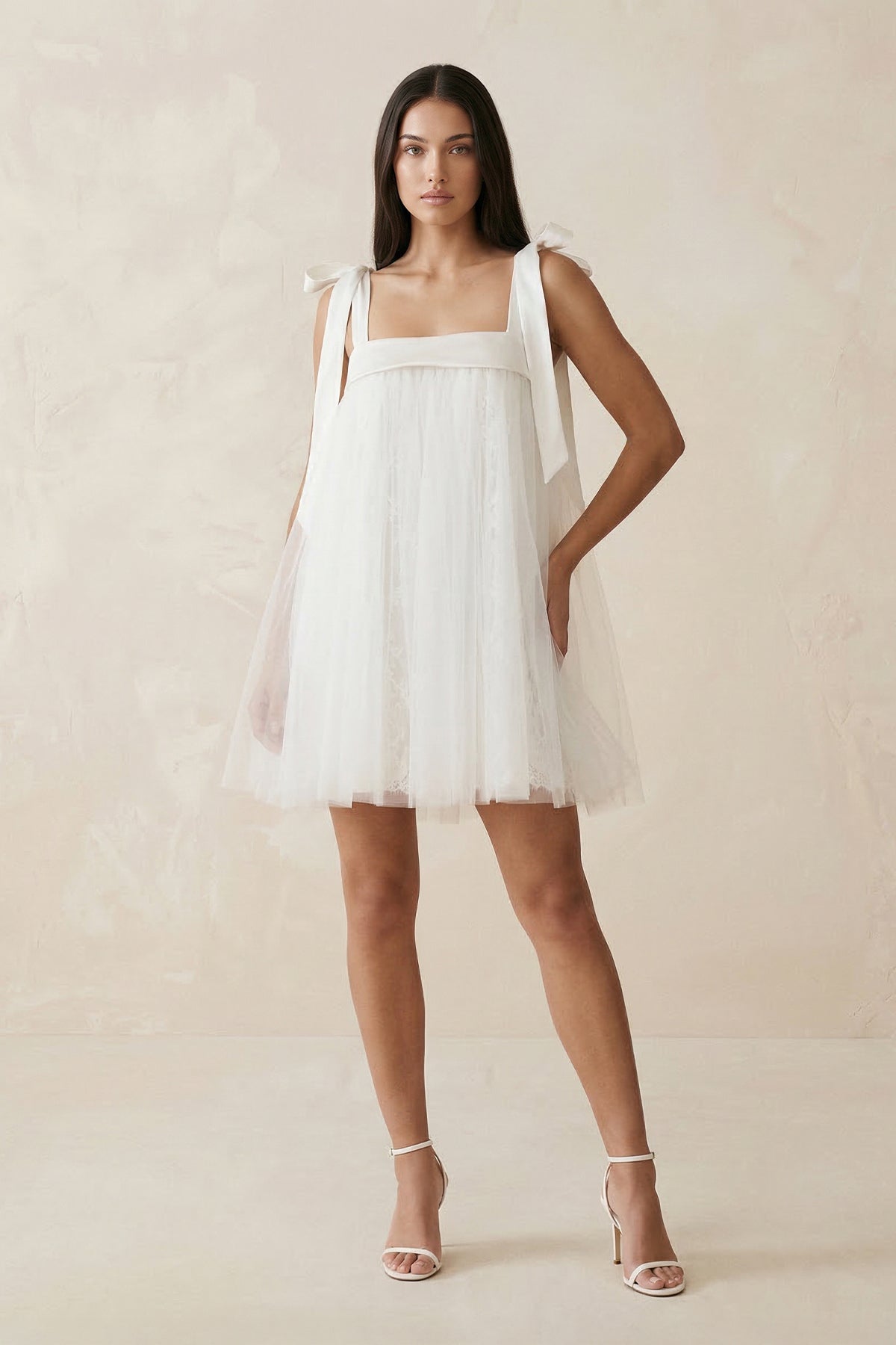 Square Neck Tulle A - Line Wedding Dress With Bow in White - SHE IS ME Wedding Dresses