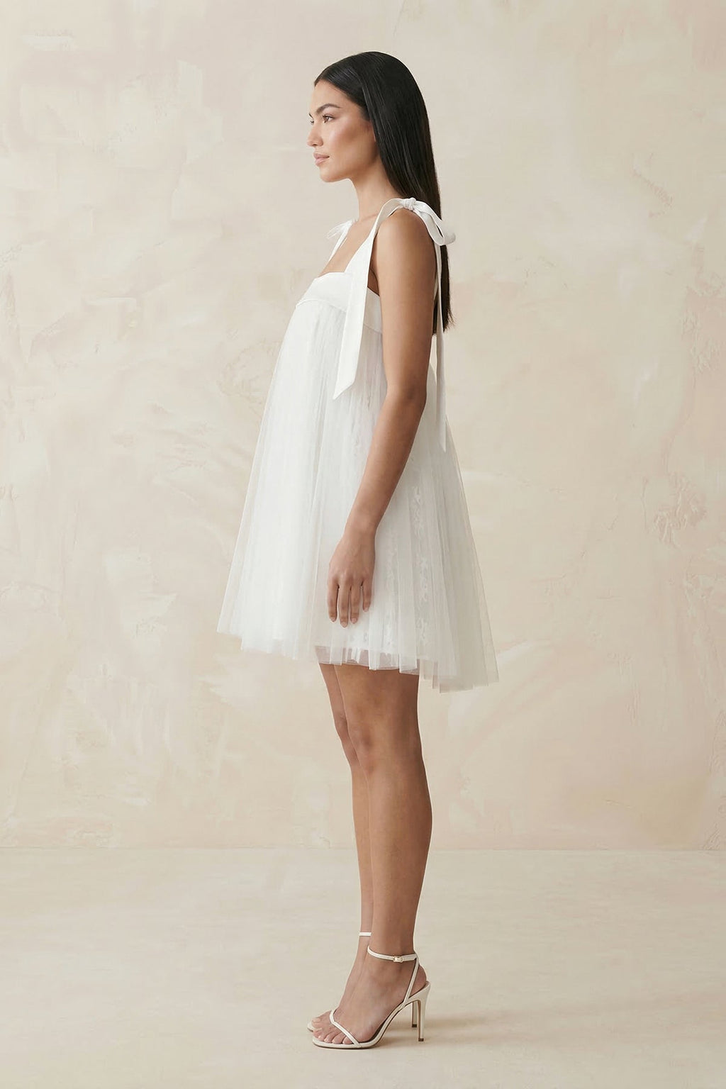 Square Neck Tulle A - Line Wedding Dress With Bow in White - SHE IS ME Wedding Dresses