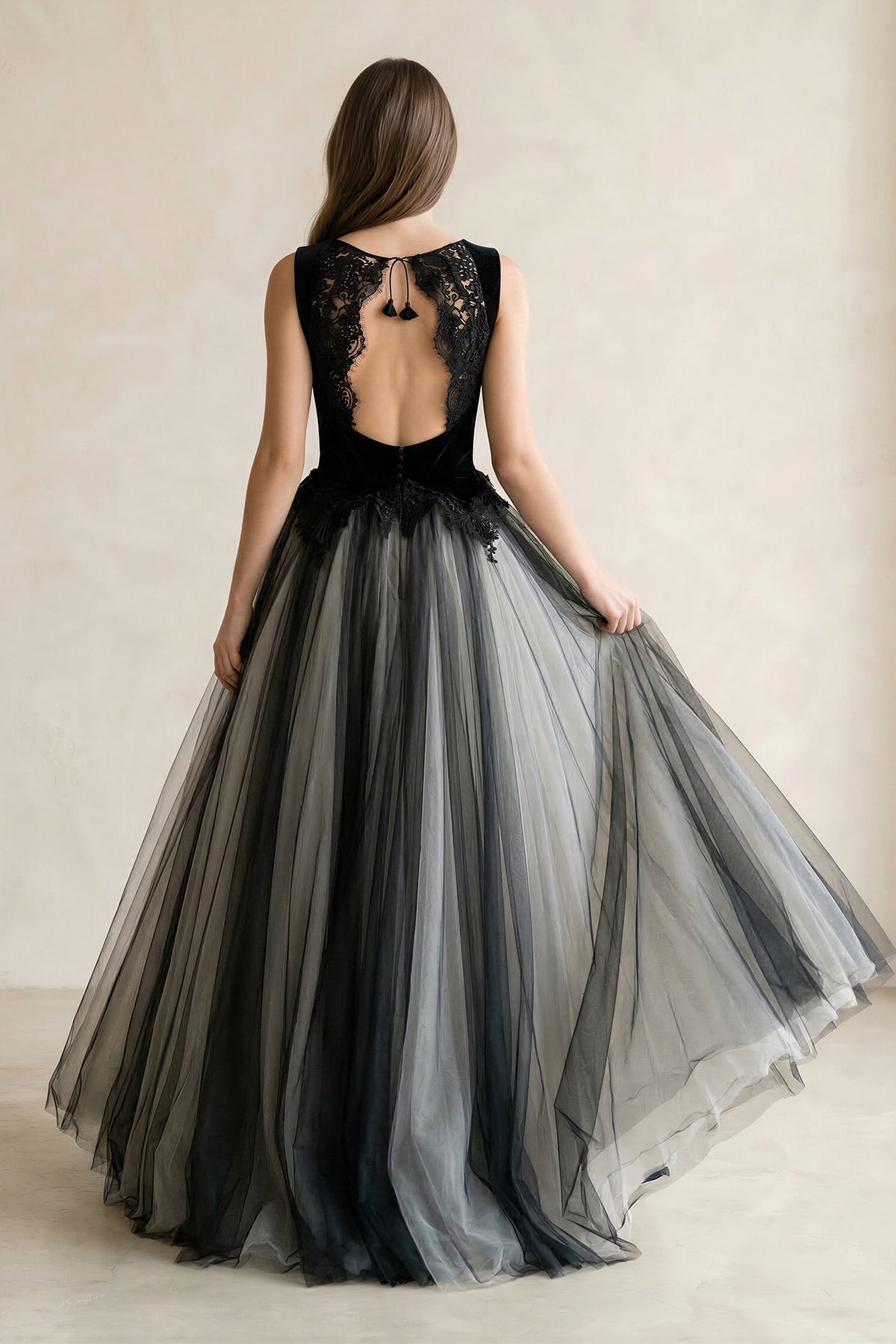 Square Neck Tulle Lace A - Line Wedding Dress in Black - SHE IS ME Wedding Dresses