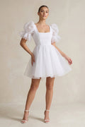 Square Neck Tulle Puff Sleeve A - Line Wedding Dress in White - SHE IS ME Wedding Dresses