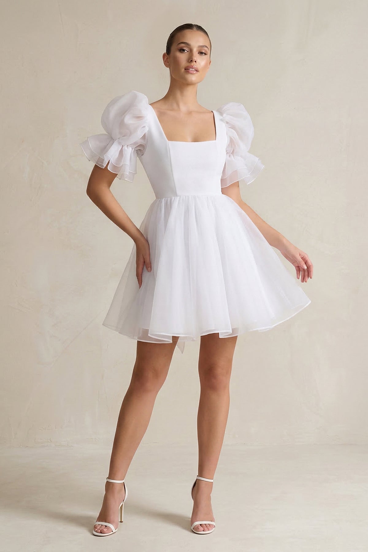 Square Neck Tulle Puff Sleeve A - Line Wedding Dress in White - SHE IS ME Wedding Dresses