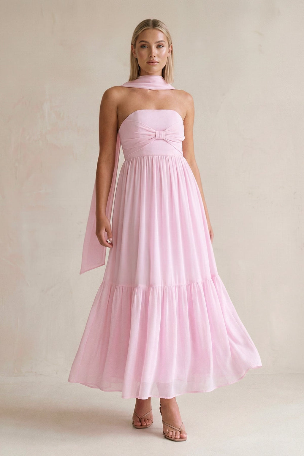 Strapless A - Line Chiffon Ruffled Bridesmaid Dress With Ribbon in Candy Pink - SHE IS ME Bridesmaid Dresses
