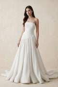 Strapless A - line Crepe Pleated Wedding Dress in White - SHE IS ME Wedding Dresses