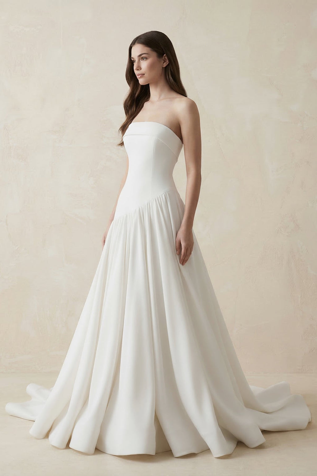 Strapless A - line Crepe Pleated Wedding Dress in White - SHE IS ME Wedding Dresses