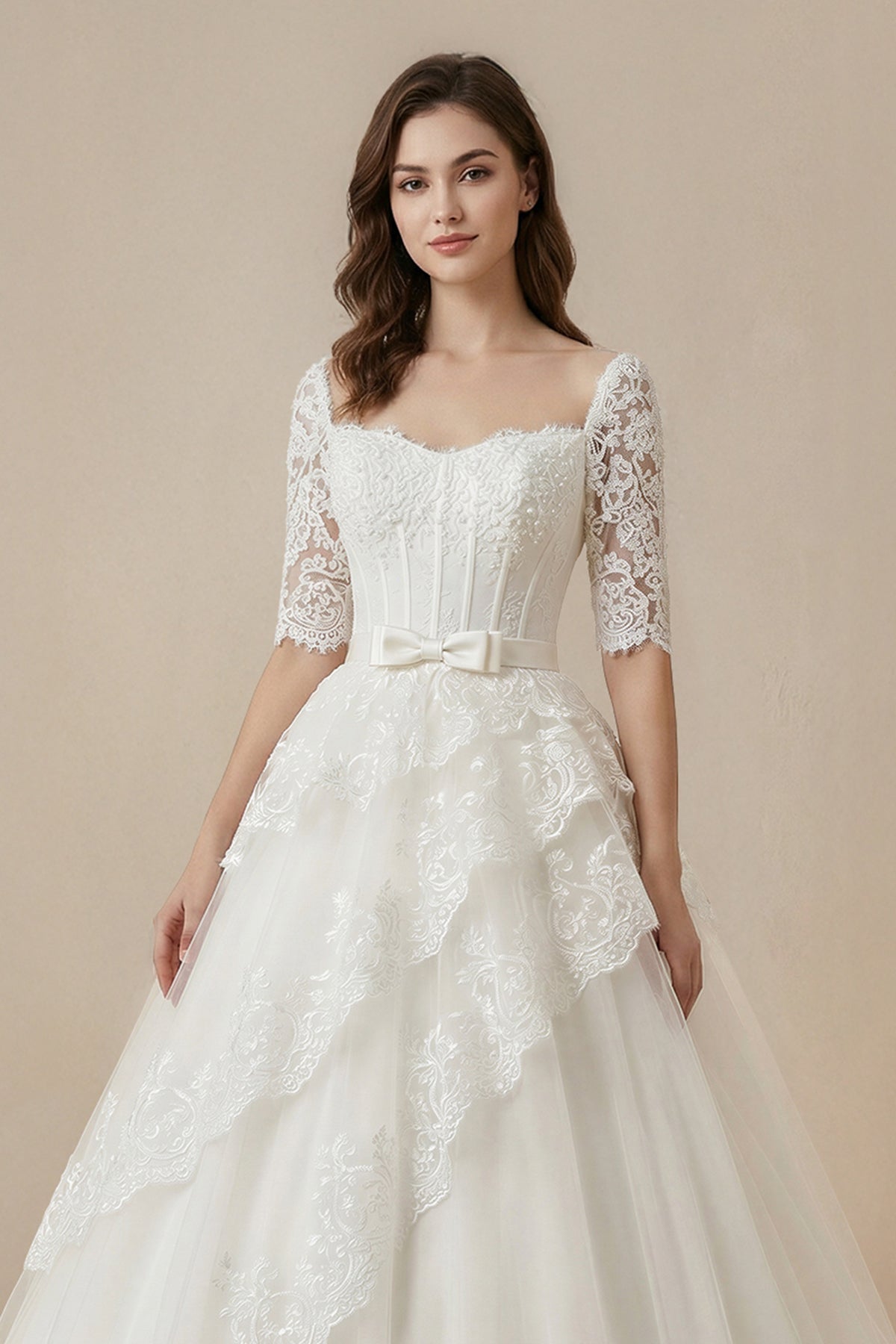Strapless A - Line Lace Corsett Wedding Gown With Sleeve in White - SHE IS ME Wedding Dresses
