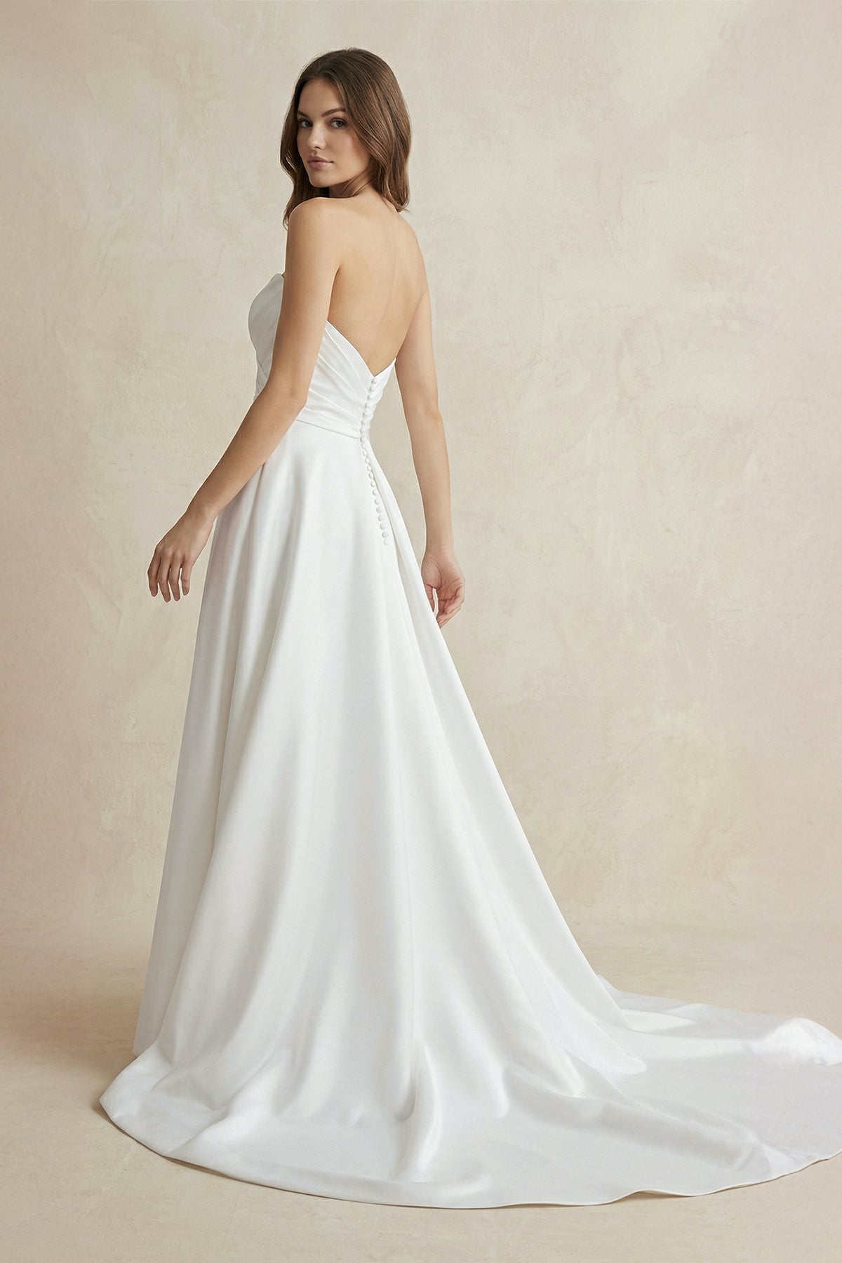 Strapless A Line Satin Wedding Dress With Slit in White - SHE IS ME Wedding Dresses