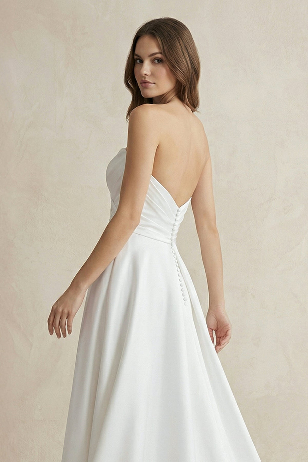 Strapless A Line Satin Wedding Dress With Slit in White - SHE IS ME Wedding Dresses