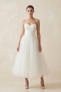 Strapless A Line Tulle Midi Wedding Dress in White - SHE IS ME Wedding Dresses