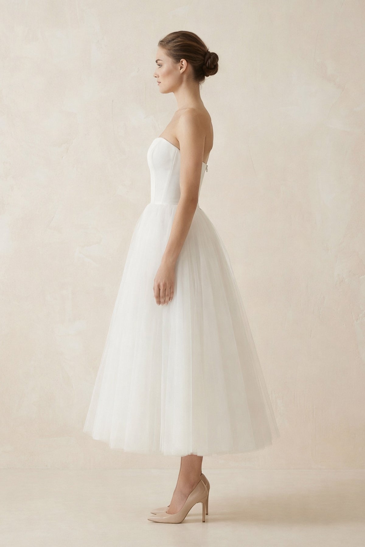 Strapless A Line Tulle Midi Wedding Dress in White - SHE IS ME Wedding Dresses