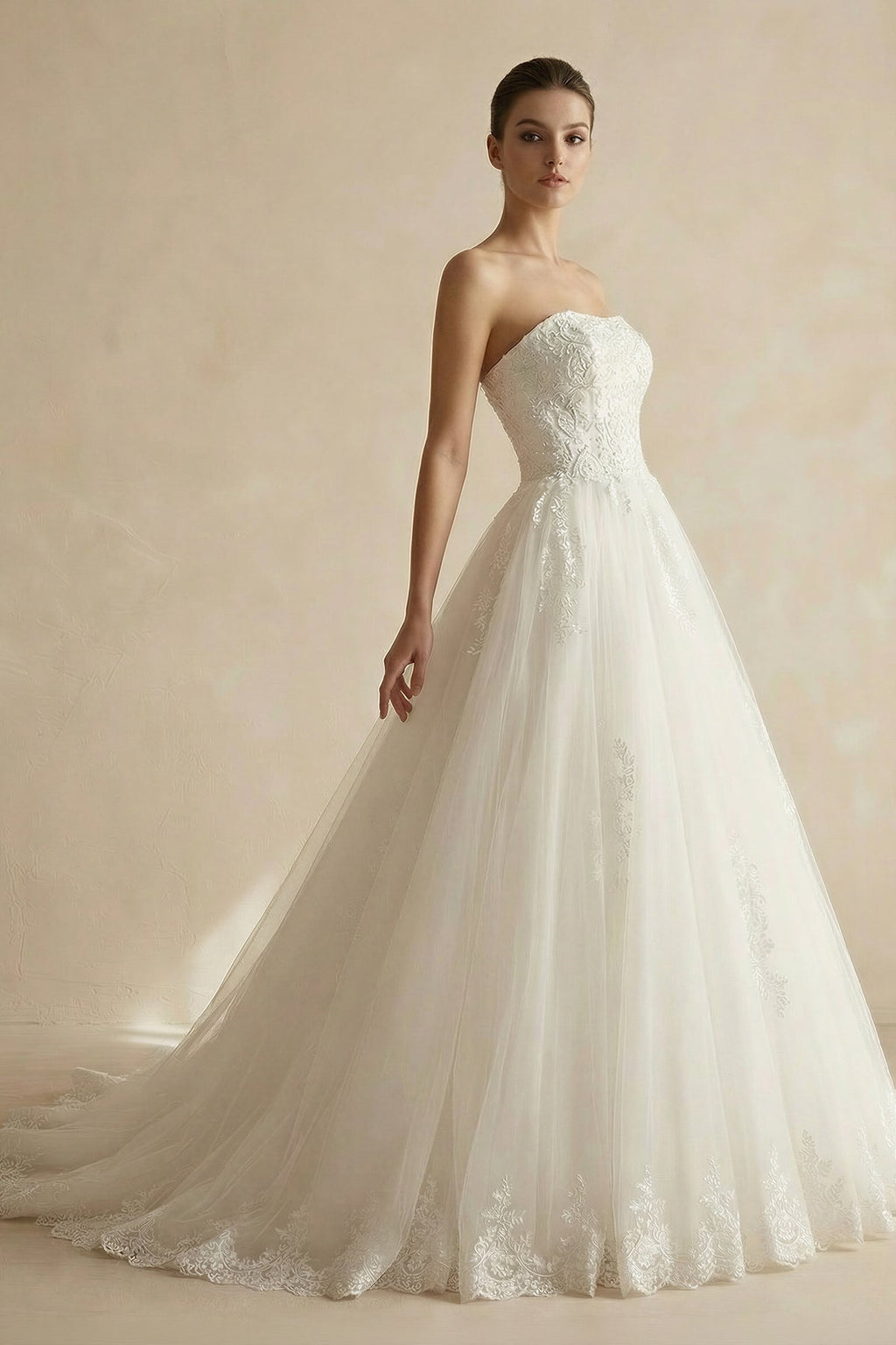 Strapless A Line Tulle Wedding Dress With Appliques in Ivory - SHE IS ME Wedding Dresses