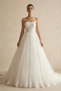 Strapless A Line Tulle Wedding Dress With Appliques in Ivory - SHE IS ME Wedding Dresses