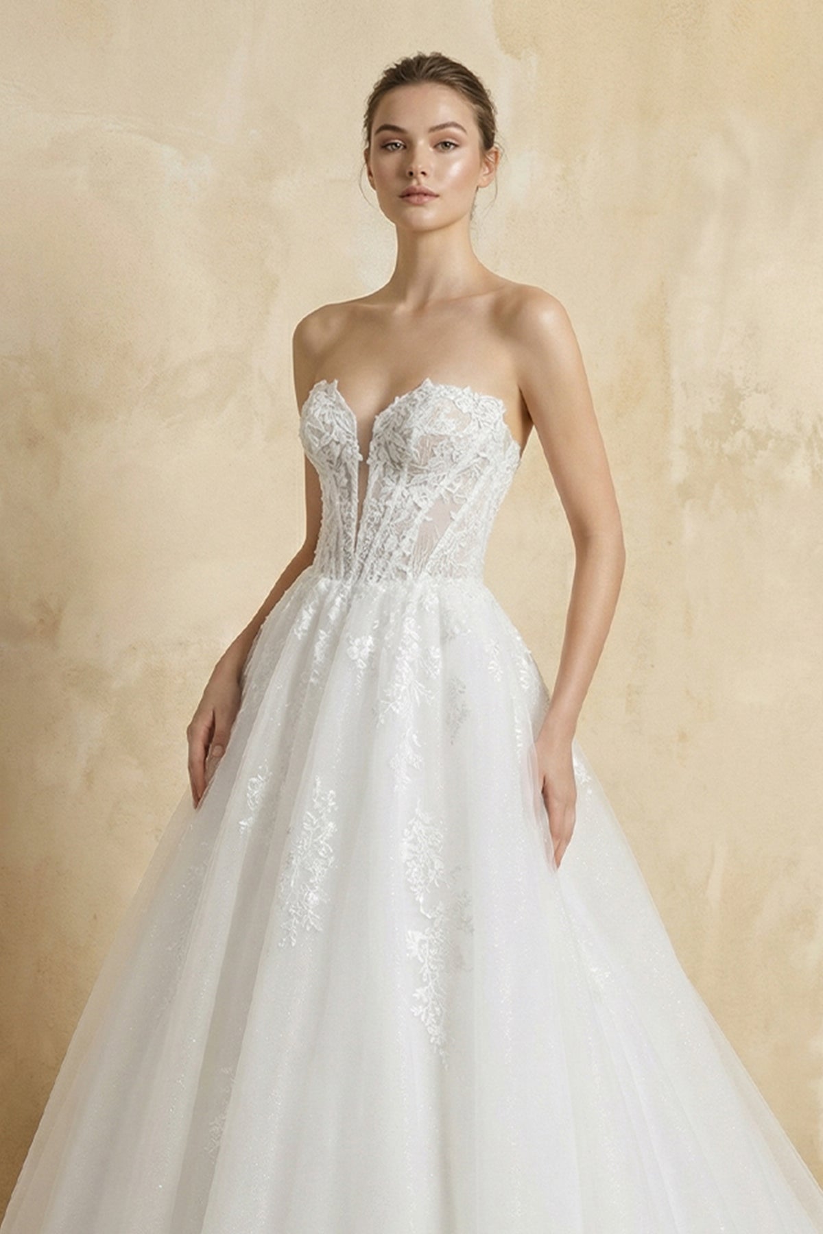 Strapless A Line Tulle Wedding Dress With Appliques in White - SHE IS ME Wedding Dresses
