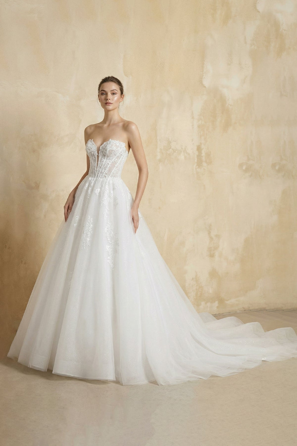 Strapless A Line Tulle Wedding Dress With Appliques in White - SHE IS ME Wedding Dresses